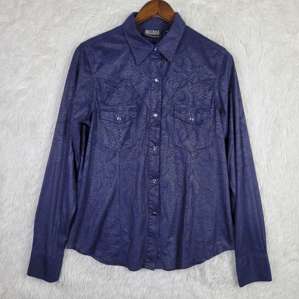 Outback Trading Co Willows Suede Shirt Navy Paisley Western Pearl Snap Mens Med